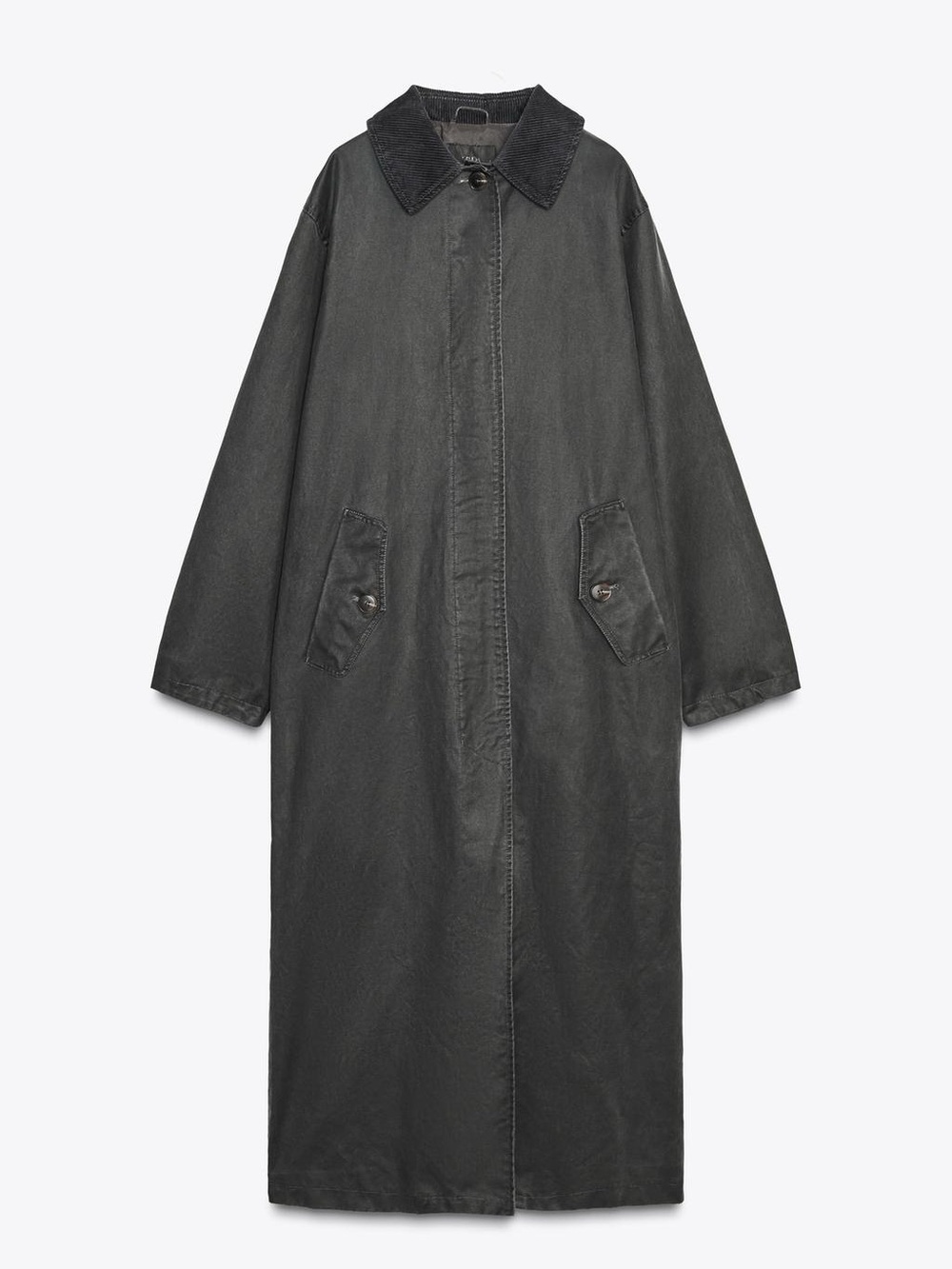 Zara Anthracite Grey Waxed Trench Corduroy Collar XS-S NWT